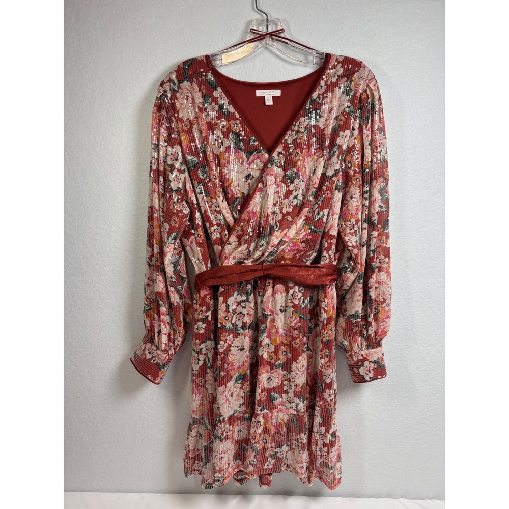 LC Lauren Conrad XL Sequin Floral Wrap Mini Dress Burgundy Pink Belted Party